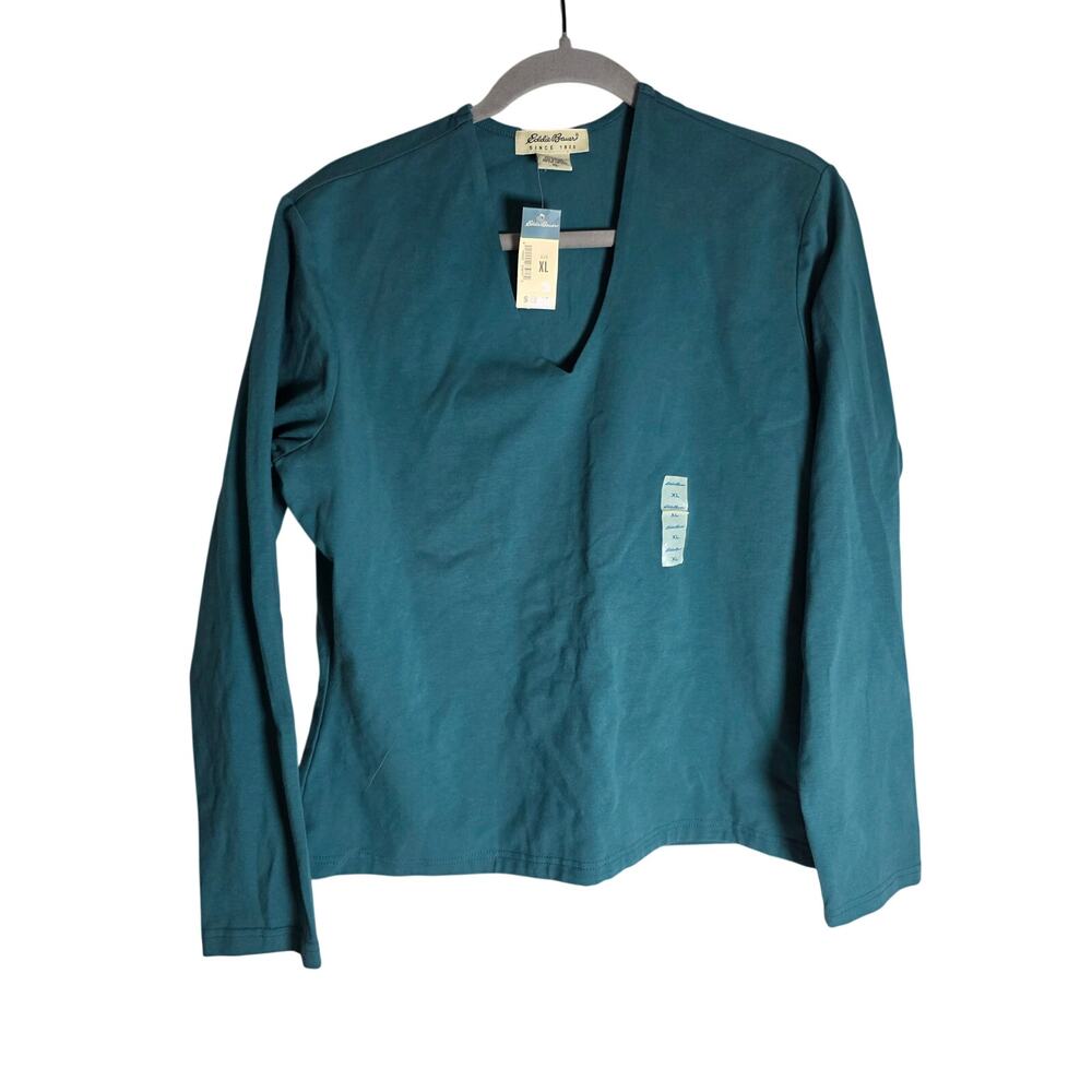 Eddie Bauer Women's XL Teal V Neck Long Sleeve Cotton Blend Casual Shirt Outdoor